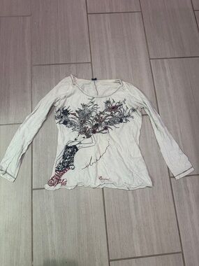 Desigual Off-White Long Sleeve Graphic Top with Black and Red Accents